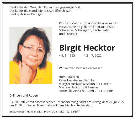 Todesanzeige Birgit Hecktor