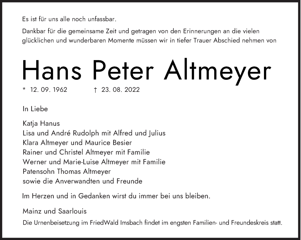 Todesanzeige Hans Peter Altmeyer